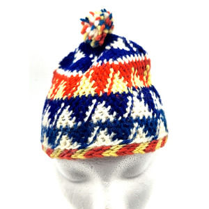 Vintage 1980s Hand Knitted Child Beanie Cap Blue Orange Yellow White YK
